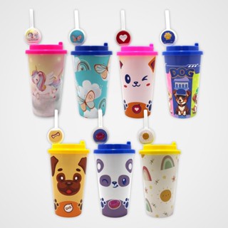 Copo De Plástico Com Canudo Infantil Estampas Variadas - 550ml