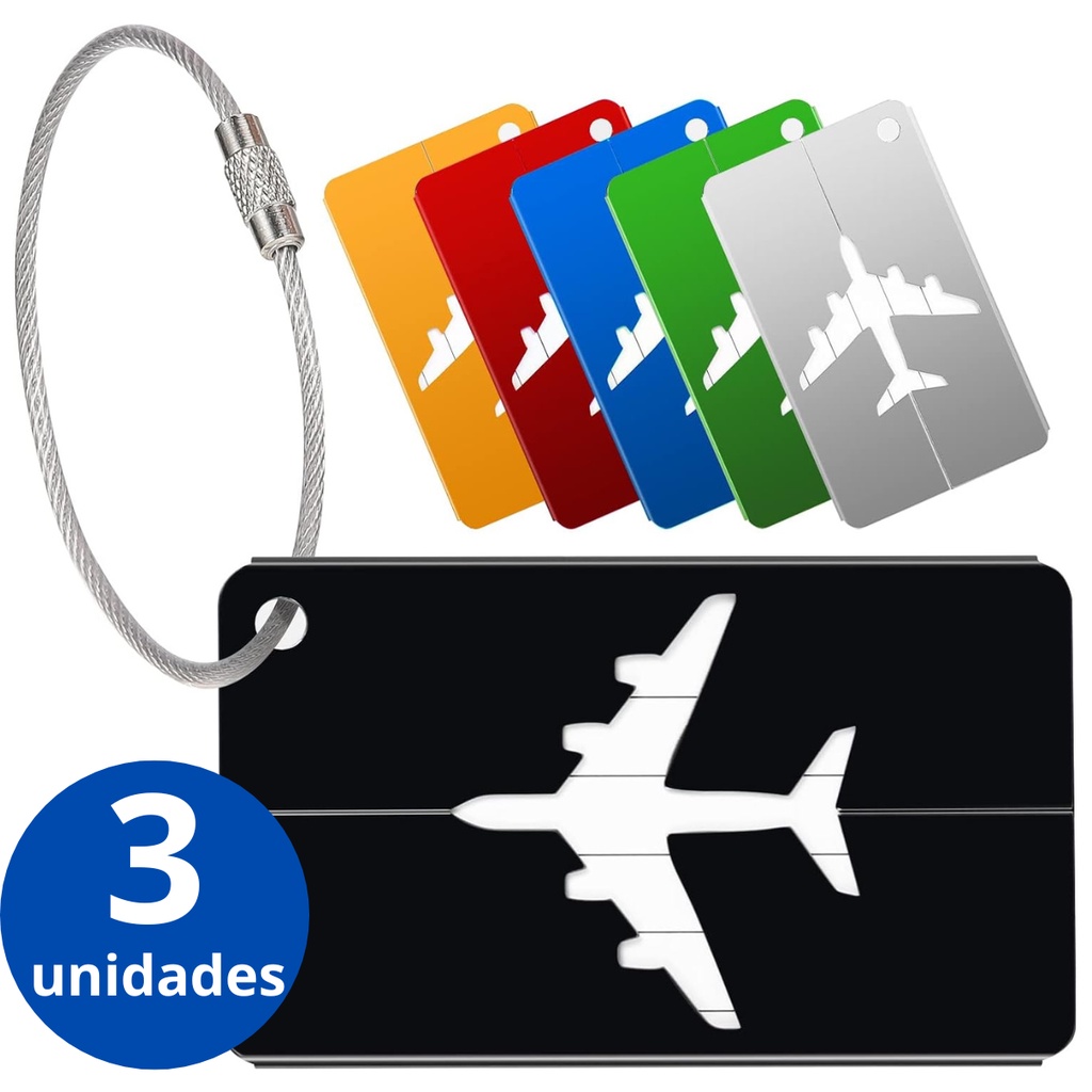 Kit 3 Tags Coloridas Para Mala Viagem Etiqueta Resistente Segura C/ Cabo De Aço em Oferta na Shopee