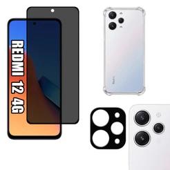 KIT Para Xiaomi Redmi 12 4G | Película de Privacidade 3D - Capa Capinha Anti Shock - Película da Câmera 3D