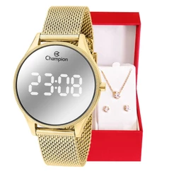 Relógio Digital Feminino Champion Espelhado + Conjunto Colar e Brinco CH40133B Relógio De Pulso