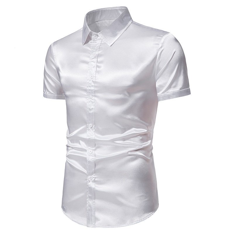 Camisas masculinas de cetim de seda branca, manga curta, smoking casual, botão baixo, festa, casamento, verão, nova marca, 2023 GETL