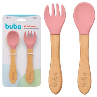 Kit Talheres Rosa Infantil De Silicone E Bambu 15826 - Buba em Oferta na Shopee