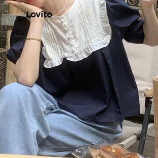 Lovito Casual Blusa com Bloco de Cores e Babado na Barra para Mulheres LNE20076 (Azul Marinho)