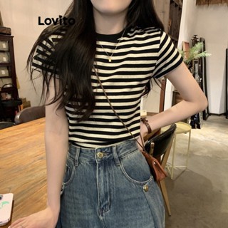 Lovito Camiseta com Listras e Blocos de Cores e Gola Redonda para Mulheres LNE17156 (Preta)