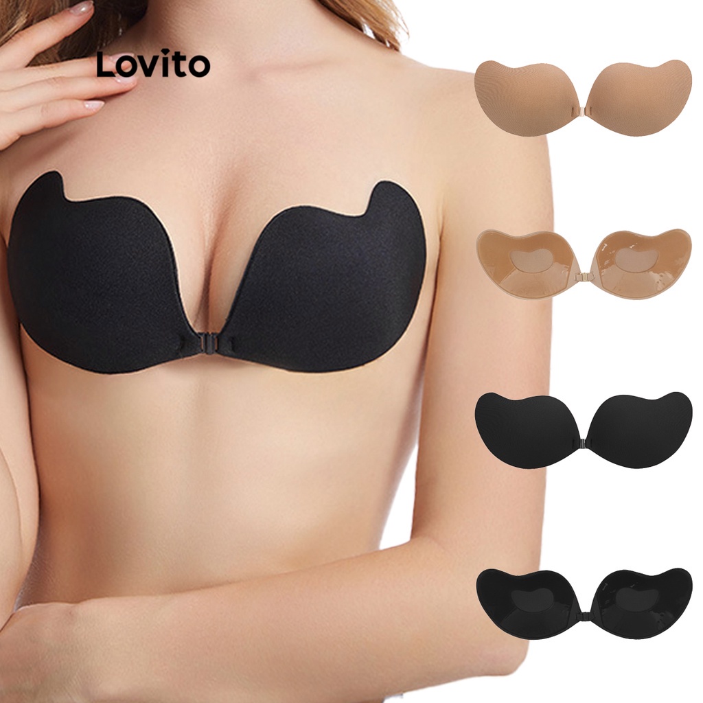 Lovito Casual Suitiã Adesivo com Bojo Acessório de Lingerie Liso Respirável Antiderrapante de Silicone L12055 (Preto/Bege)