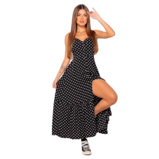 Vestido Longo Soltinho Feminino Viscose Poa Bolinha Lastex Verão