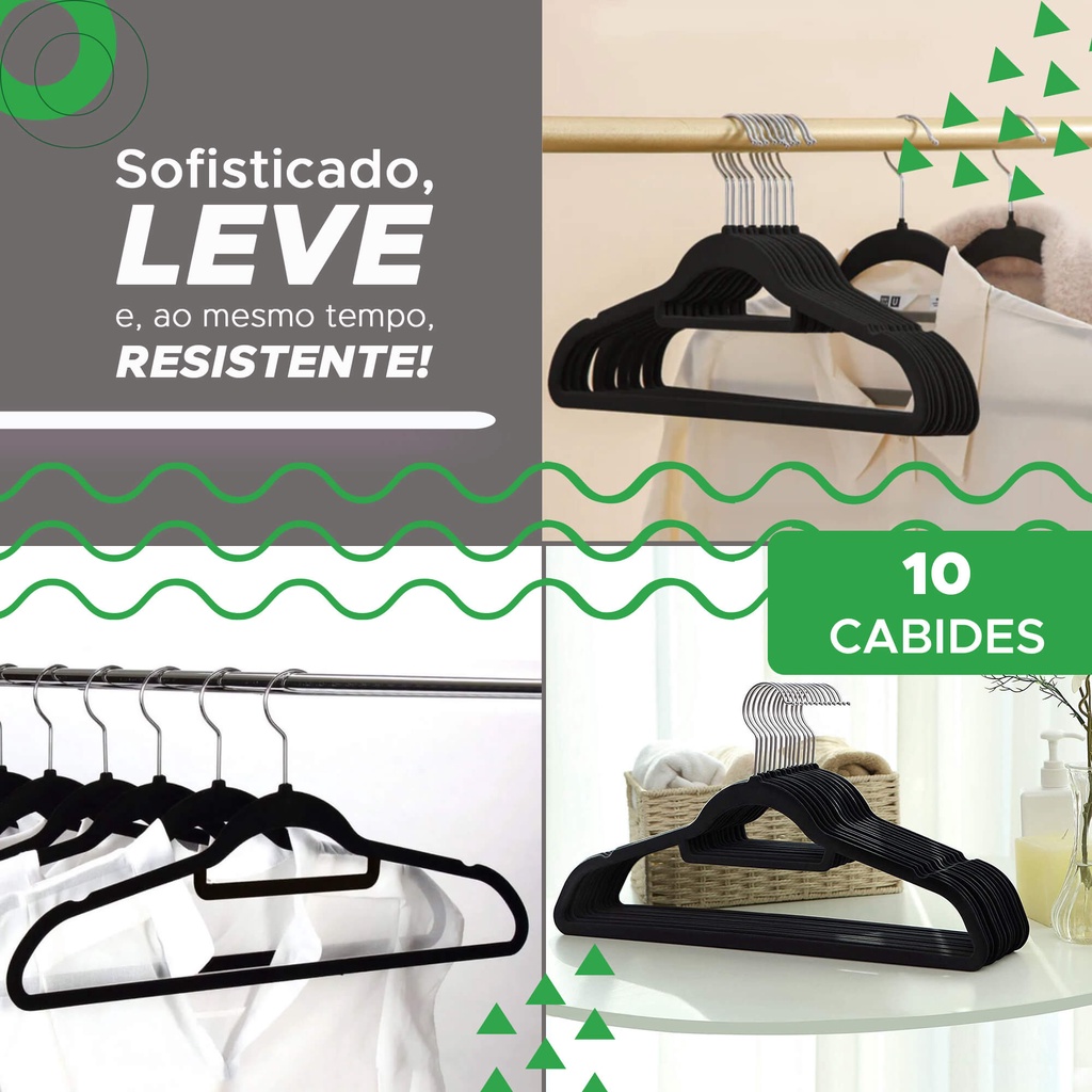 10 Cabides De Veludo Slim Ultra Finos Antideslizante - Preto