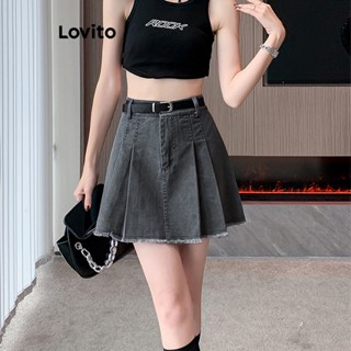 Lovito Casual Saia Jeans Feminina Lisa com Zíper e Botão LNE31237 (Azul)
