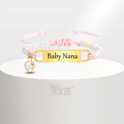 Vnox Pink Pearl Bead Engrave Baby Name Bracelet , Pulseira De Aço Inoxidável Toddler ID Menina Menino Aniversário Jóias De Presente