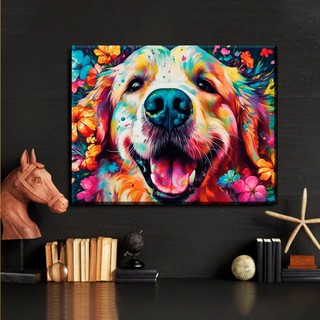 Quadro Decorativo 110x80cm Horizontal Cachorro Golden Florido Colorido hall Luxo Casa Decoração De Parede Mdf Adesivo Sala Quarto Hall em Oferta na Shopee