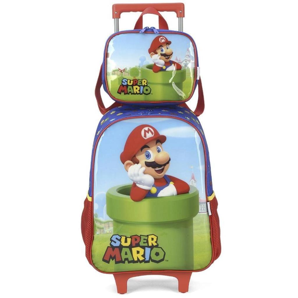Kit Mochila Rodinha Lancheira Super Mario Bros Cano Vermelho