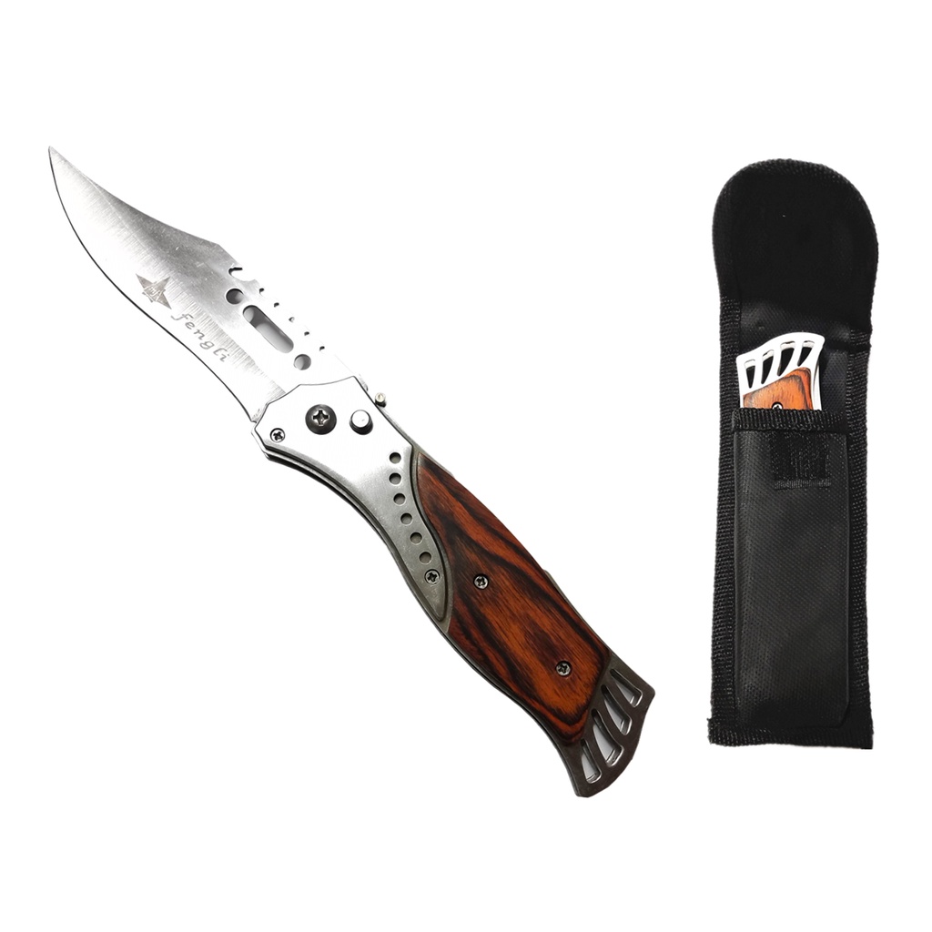 Canivete Automático Aço com Madeira Tático Afiado Retrátil Militar Pesca Cozinha