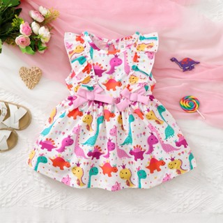 Vestido Para Menina 0-3 Anos Dinossauro Toddler Baby Girl Impressão Ruffle Sem Mangas Moda Fofinha Wear Roupa Fotográfica Festa