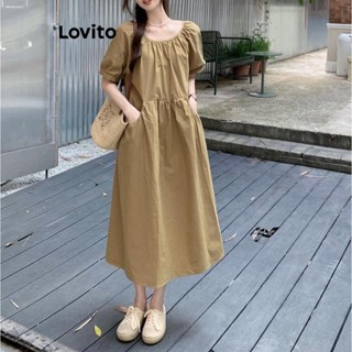 Lovito Vestido Maxi Casual Com Bolso Liso Para Mulheres LNA38075 (Cáqui/Preto)