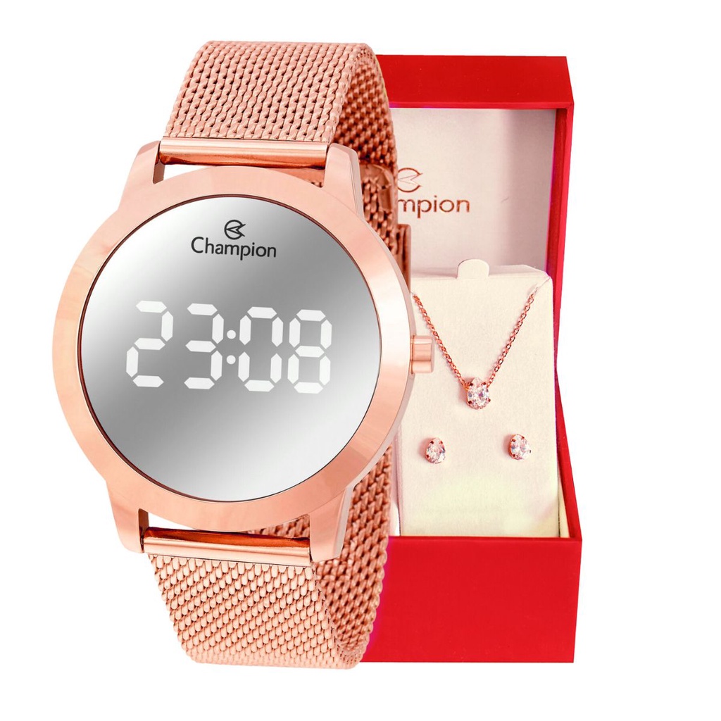 Relógio Champion Feminino Digital Espelhado Pulseira Mesh + Kit Colar e brincos