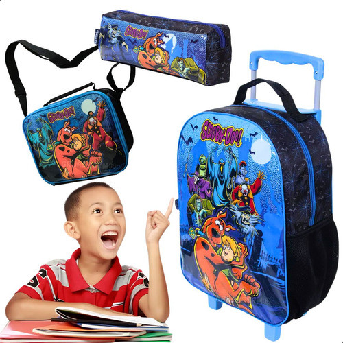 Mochila Infantil Escolar Masculina Scooby-Doo com Rodinha Lancheira Estojo Kit Completo Material Escolar