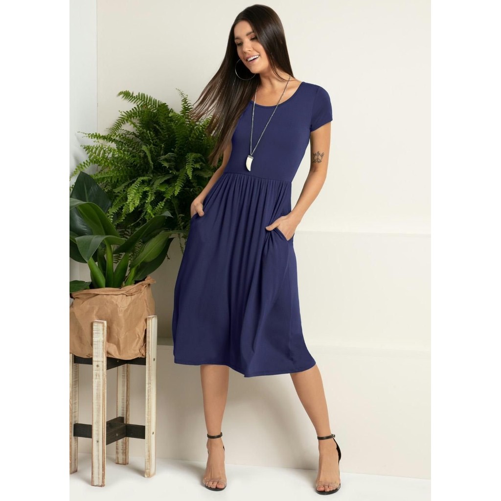 Vestido Midi Com Bolsos Azul Quintess
