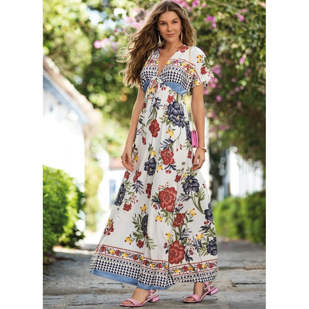 Vestido Longo Com Decote Profundo Estampado Quintess em Oferta na Shopee