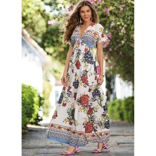 Vestido Longo Com Decote Profundo Estampado Quintess em Oferta na Shopee