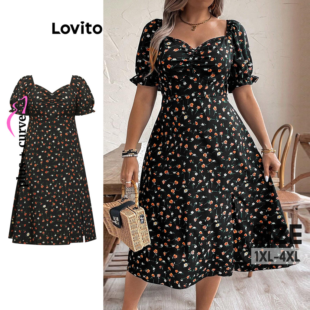 Lovito Vestido Curva Plus Size Romântico Ditsy Floral Franzido Vestido Querido Para Mulheres LBL15164 - Women Clothes