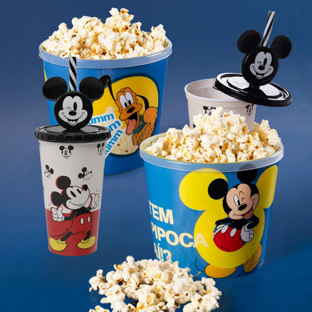 Kit Balde Pote de Pipoca + Copo com Canudo 500 ml Mickey Cinema Plasútil