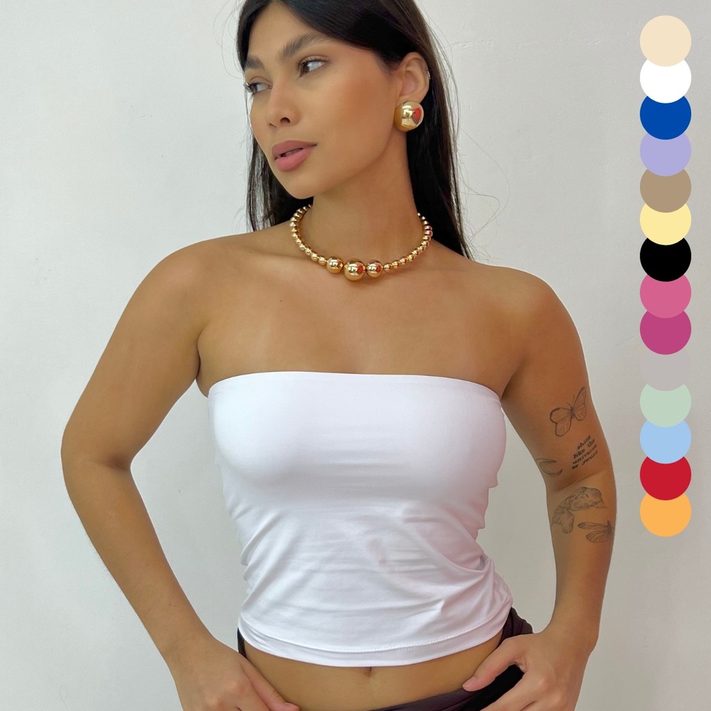 Blusa Lisa básica Top Cropped Tube Faixa Poliamida Tomara Que Caia Feminino Forro Duplo Confortável Suplex Estilosa