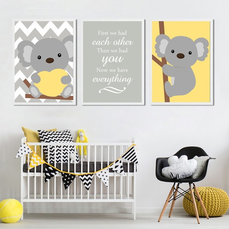 Quadro decorativo 3 peças 20x30 coala fofo animais safari para quarto infantil bebê criança