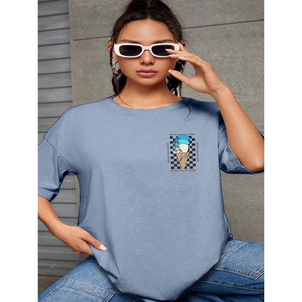 Blusa Estampa Delicious Sweet Ice Cream Checkered Skull Iced Discoteca  Oversized Plus Size Casual