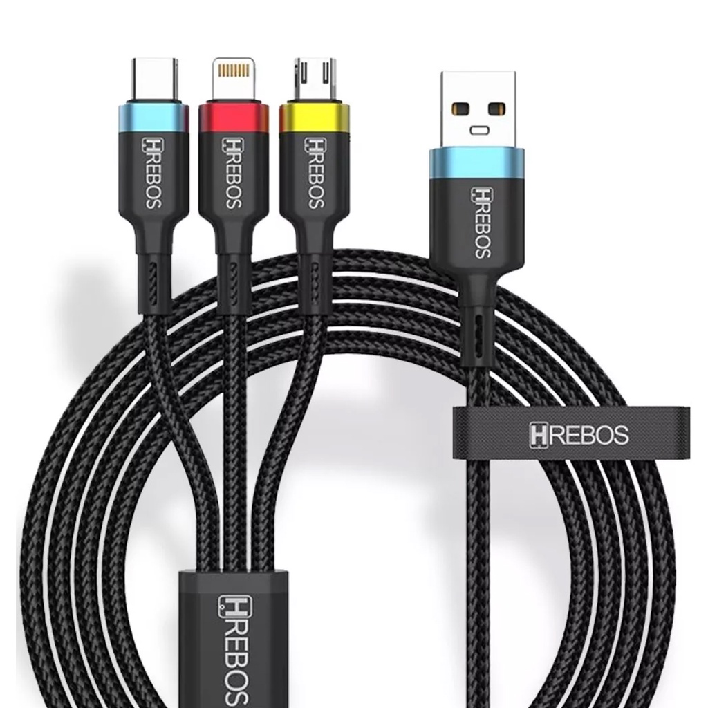 HS-326 Cabo Tecido com 3 Pontas - 3.1A - Apple Lightning/ Type-C / Micro USB V8
