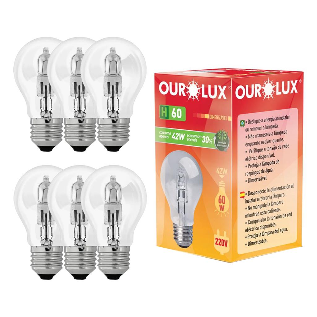 Kit 6 Lampadas Eco Halogena Clara H60 42W 220V E27 2800k em Oferta na Shopee