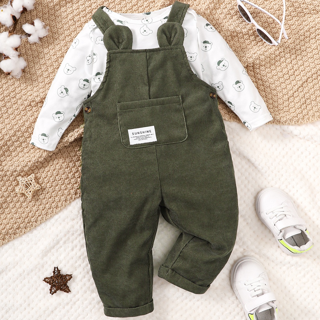 3-24Meses Bebê Menino Recém-nascido 2peças Conjunto De Traje Urso Impressão Maiô Cor Sólida Moda Roupas De Outono Bonito em Oferta na Shopee