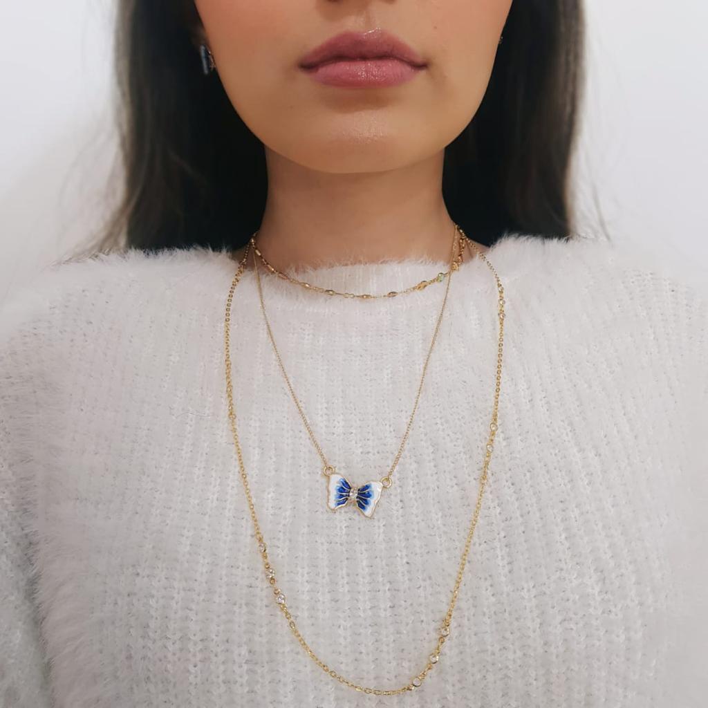 Colares longuinho pingente de Borboleta azul e branco com pedra cristal
