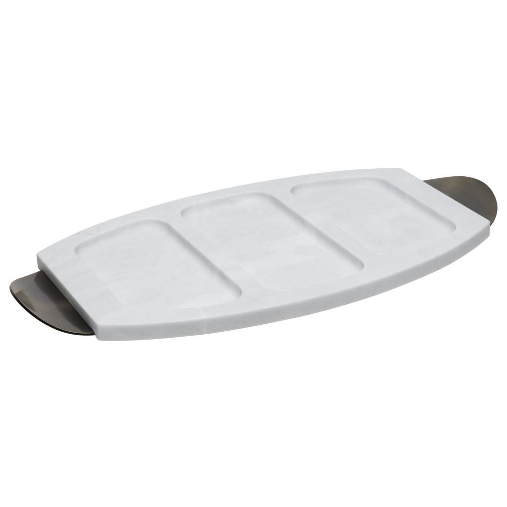 Petisqueira Oval em Mármore com 3 Divisórias Mármore Branco e Alça Bronze Oxford Petiscos Entradas Aperitivos