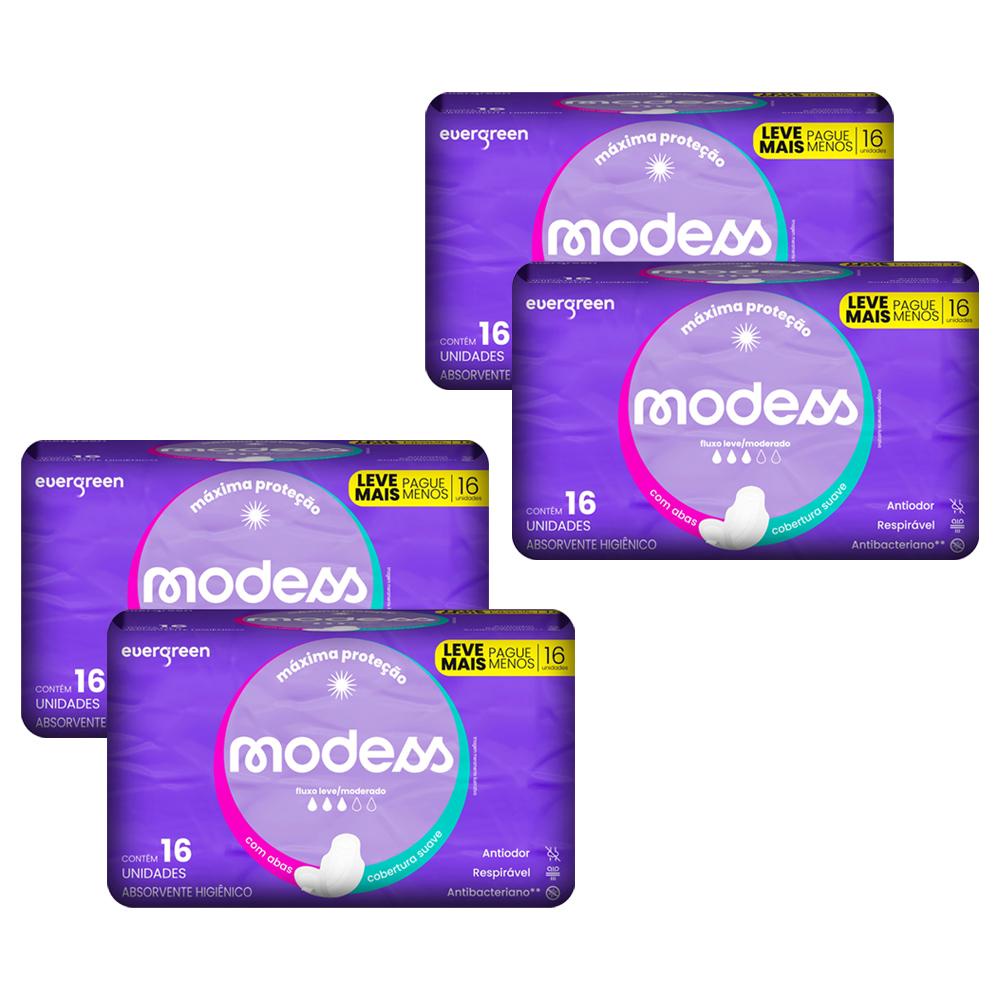 Kit 4 Absorventes Modess Malha Suave com Abas 16un cada em Oferta na Shopee