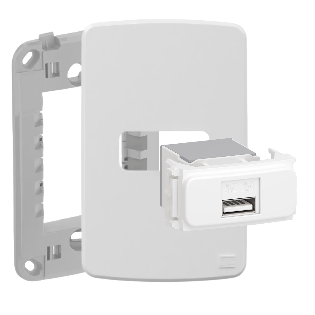 Kit Tomada Carregador USB Compose Branca + Placa c/ Suporte  Carregador USB WEG Espelho Placa 4x2