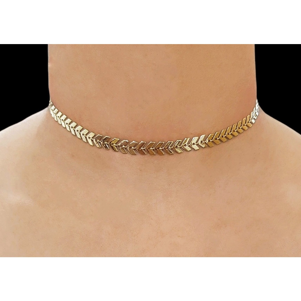 Exclusivo Colar Choker Escama de Peixe Dourada Folheada A Ouro 18k