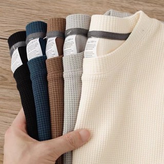 [M-3XL �� Waffle Crew Básico Flat Neck T-shirt Solto Moda Tamanho Grande TSHIRT Estilo Coreano Fundo Tee 73V7