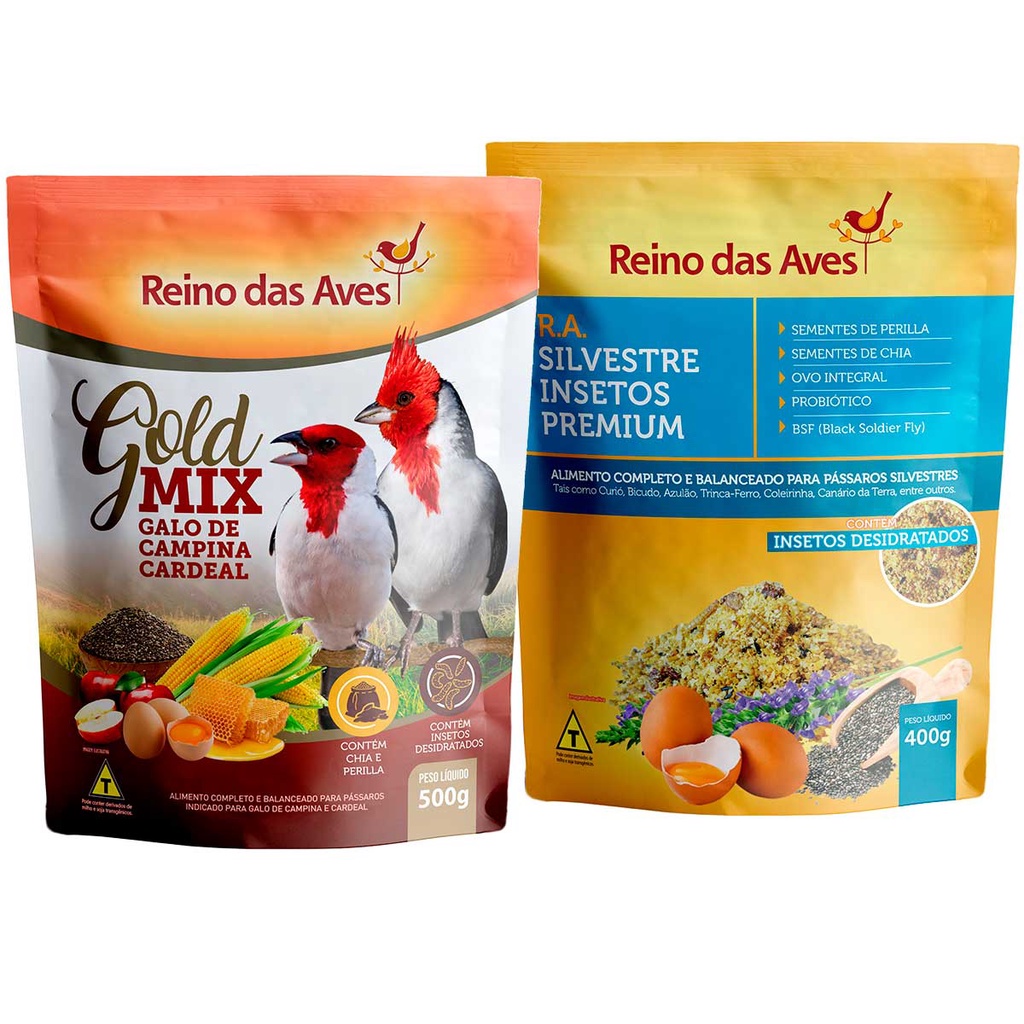 Kit Alimentação Galo de Campina Cardeal Ração Gold Mix 500g + Farinhada RA Silvestres Insetos 400g