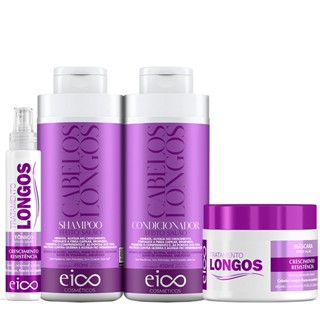 Kit Crescimento Capilar Cabelos Longos Eico Shampoo 450ml e Condicionador 400ml Máscara Tratamento 270g e Tônico Crescimento Biotina 120ml