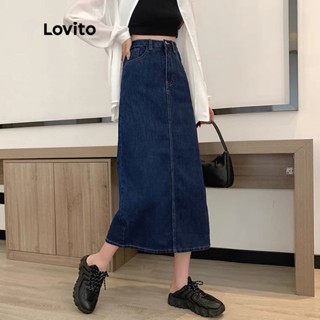 Lovito Saias Midi Jeans com Zíper e Fenda para Mulheres LNE09212 (Azul)