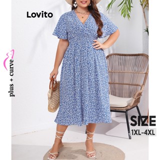 Lovito Vestido Plus Size Curvo Casual Ditsy Floral Franzido Para Mulheres LNL37122 (Verde Claro/Azul)