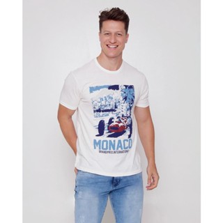 Camiseta Masculina Com Estampa Mônaco Manga Curta Gola Careca Off White