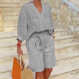 Roupas Casuais Femininas De 2 Peças V Camisas De Pescoço E Calções De Linho Macio Conjuntos De Correspondência De Lounge