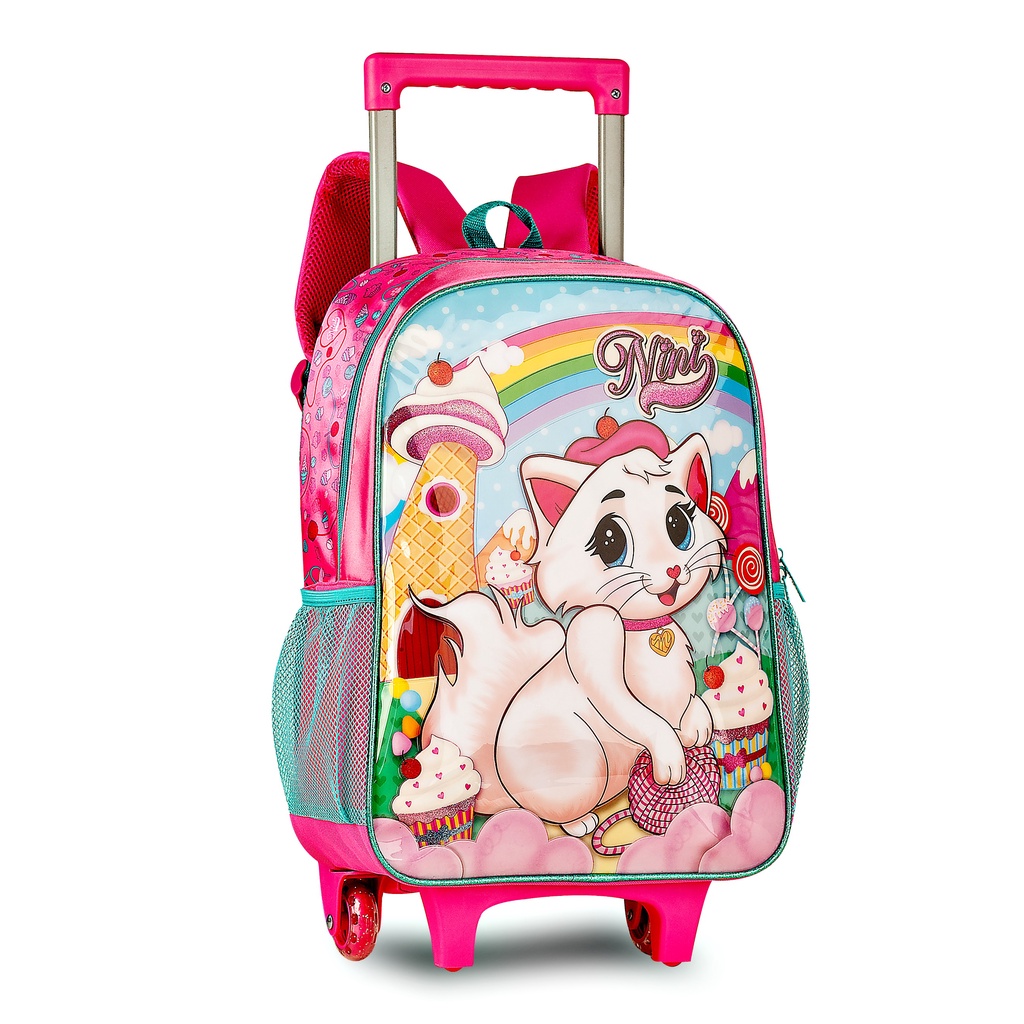 Mochila Escolar de Carrinho Rodinha Gatinha Nini 16" NN23005K