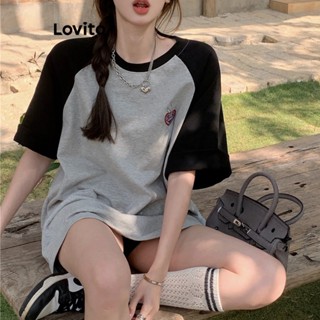 Lovito Camiseta Casual com Colcha De Retalhos e Detalhes Contrastantes para Mulheres LNA17117 (Cinza)