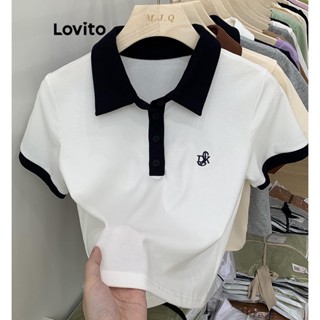 Lovito Camiseta Feminina Casual Com Letras Colorblock LNE31224 (Damasco/Branco/Azul Marinho)