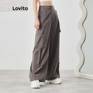 Lovito Casual Plana Frontal Bolsos Cargo Pant Y2K Pants For Women L47AD048 (Cinza)