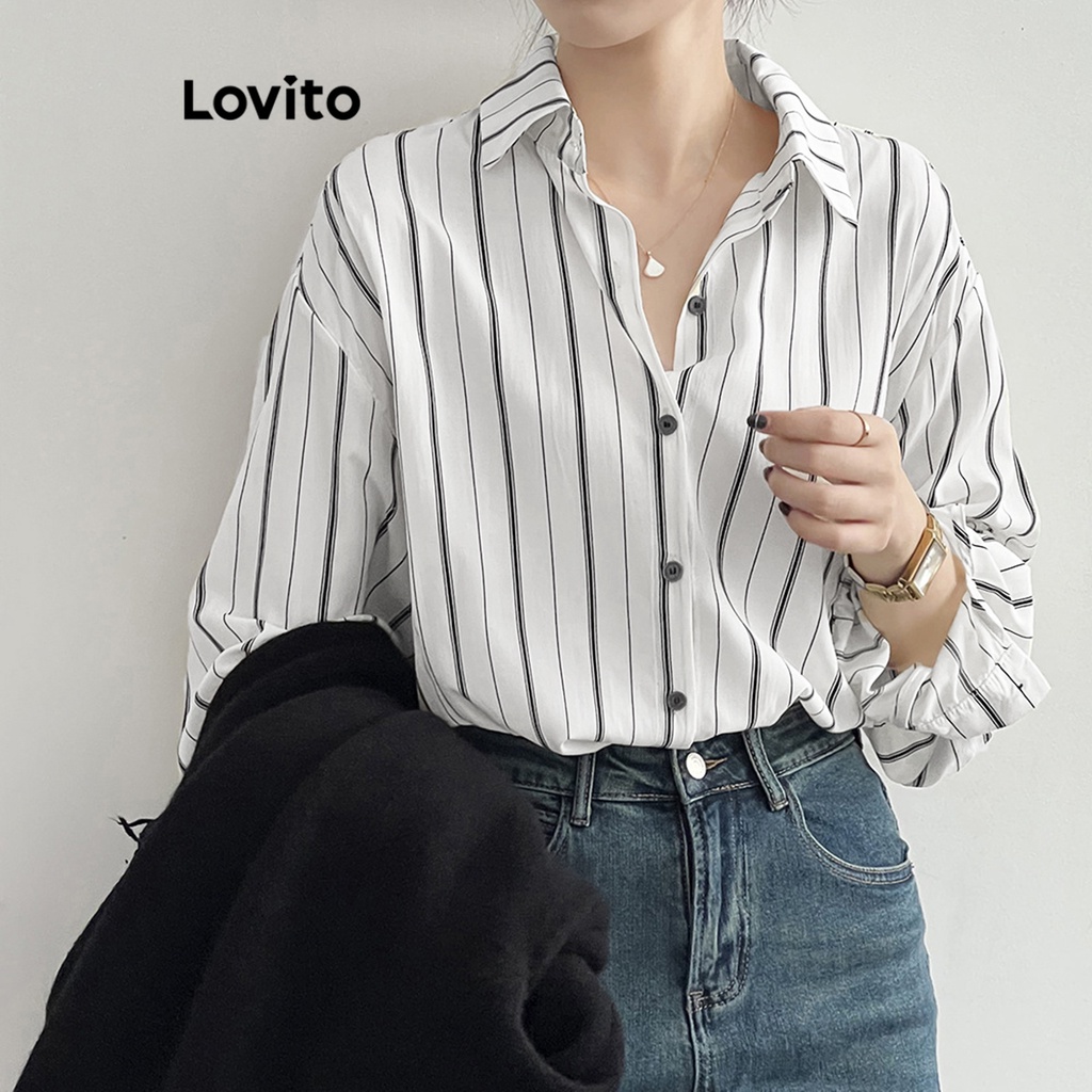 Lovito Elegante Blusa Feminina Listrada com Botão Frontal LNE29208 (Multicor)
