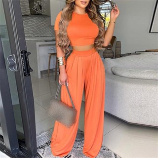 Conjunto de alfaiataria feminina vestido de verão moda feminina camiseta curta de duas peças calça de perna larga (9018)