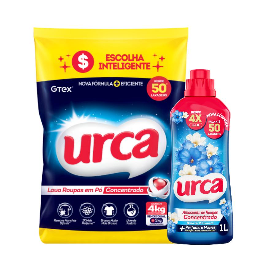Kit 1 Lava Roupas Pó Urca Concentrado Sache 4KG + 1 Amaciante Concentrado Urca Brisa da Primavera 1L em Oferta na Shopee